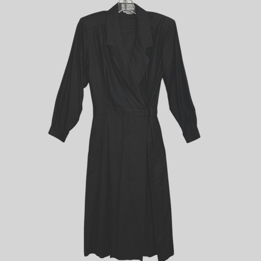 Talbots Wrap Dress Womens Black 100% Silk Pleated Dark Academia Classic Chic 10P